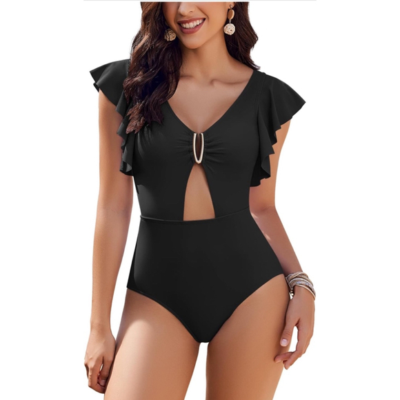 AI’MAGE Women' One Piece Swimsuit Tummy Control Cutout Ruffle, Black Size XL NWT - Picture 1 of 7